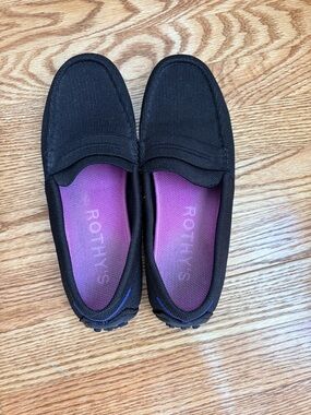 Rothy's Black/Dark Brown Knit Slip-On Loafers with Purple Insole